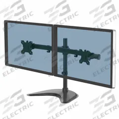FELLOWES Dual Monitor Arm: Black, Aluminum/Plastic, Free-Standing Mount, 18 lb Wt Capacity (MPN 8043701). Key specifications — Material: Aluminum; Brand: FELLOWES; Product Type: Dual Monitor Arm; Mount Mechanism: Free-Standing; Color: Black.