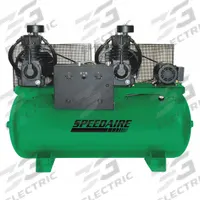 SPEEDAIRE Electric Air Compressor: 5 hp, 2 Stage, Horizontal, 120 gal, 33.2 cfm, 175 psi, Base Model (MPN 35WC61). Key specifications — attr48430: SPEEDAIRE; attr48445: 60 Hz; attr48448: Tri-voltage Motor; attr48450: 208-230V AC; attr48474: Three; attr48487: Horizontal.