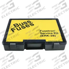BUSSMANN Fuse Kit: Includes Series FRN-R, RK5 Fuses, 3.2 A – 100 A Range (MPN ERK-28). Key specifications — Fuse Series Included: FRN-R; Tool Included: (2) No. 1 Clip Clamps; Brand: BUSSMANN; Tools Included: Clip Clamps.