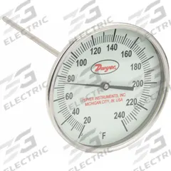 DWYER Glow-in-the-Dark Dial Thermometer: 20°F to 240°F, +/- 1% Accuracy, 5 in Dial Dia, Male (MPN GBTB540141). Key specifications — Accuracy: +/- 1%; Brand: DWYER.