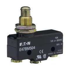 EATON Snap Action Switch: Plunger Actuator, SPDT, Screw Terminals (MPN E47BMS04). Key specifications — AC Contact Rating: 15 A @ 250 V; Electrical Connection: Screw Terminals; Series: E47; Brand: EATON.