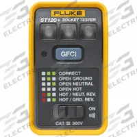 FLUKE Socket Tester: 110 V AC to 125 V AC, 5-15P, GFCI/Std, CAT III 300V, Light, No Display (MPN ST120+). Key specifications — Brand: FLUKE; CAT Safety Rating: CAT III 300V.