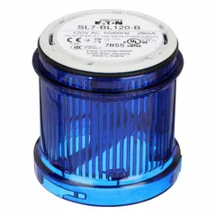 EATON Tower Light Module: Flashing, 110/120V AC, Blue, 73 mm Overall Dia, 3 in Overall Ht, SL4 (MPN SL7-BL120-B). Key specifications — Brand: EATON; Compatible with Series: SL4; Lens Color: Blue; Operating Voltage: 110/120V AC; Manufacturer Part Number: SL7-BL120-B.