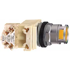 SCHNEIDER Illuminated Push Button: Illuminated, Flush Profile, Metallic, 30 mm, SPDT (MPN 9001K3L35LYAH13). Key specifications — Brand: SCHNEIDER; Action: Momentary; Series: 9001K; Push Button Material Type: Metallic.
