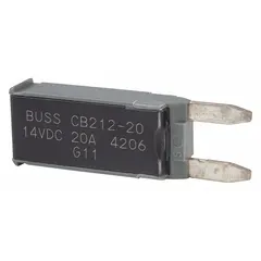 Automotive Circuit Breaker: CB212, 14V DC, 225 A at 14V DC, Blade (MPN CB212-20). Key specifications — Series: CB212; Voltage: 14V DC; Interrupt Rating: 225 A at 14V DC; Terminal Connection: Blade; Circuit Breaker Type: Type II Footprint Circuit Breaker; Brand: BUSSMANN.