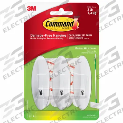 COMMAND Hook: 3 lb Wt Capacity, 1 Points per Hook, White, 3 in Overall Ht - Adhesive-Backed Utility Hooks
