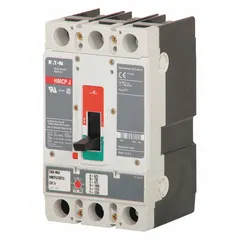 EATON Molded Case Circuit Breaker: 250 A Amps, 65kA at 600V AC, Fixed, ABC, Line/Load Lug, Std, HMCP (MPN HMCPJ250F5L). Key specifications — Series: HMCP; Max. AIR Rating: 65kA at 600V AC; Instantaneous Trip: Fixed; Phase Connection: ABC; Terminal Connection: Line/Load Lug; Frame Size: 250A/JG.