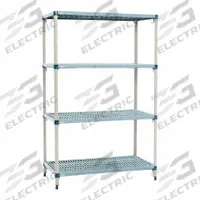 METRO Plastic Shelving: 36 in x 18 in, 62 in Overall Ht, 4 Shelves, 800 lb Load Capacity per Shelf (MPN Q336G3). Key specifications — Resistance Properties: Antimicrobial; Shelf Adjustment Type: Quick-Adjust; Frame Material: Steel; Shelving Material: Plastic; Brand: METRO.