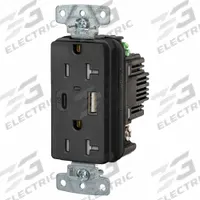 USB Receptacle: Duplex, 5-20R, 2 USB Ports, USB Type A/C, Black, 125V AC, 20 A (MPN USB20ACPDBK). Key specifications — Brand: HUBBELL.