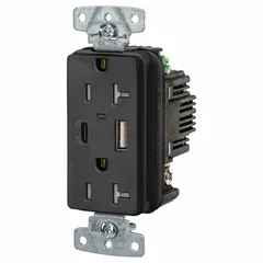 USB Receptacle: Duplex, 5-20R, 2 USB Ports, USB Type A/C, Black, 125V AC, 20 A (MPN USB20ACPDBK). Key specifications — Brand: HUBBELL.