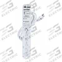 LEVITON Outlet Strip: 6 Outlets, 7 ft Cord Lg, 644 J Rated Energy, 20 A Current, White, 5-20P, 5-20R (MPN 53C6M-2N7). Key specifications — Brand: LEVITON; Mounting Style: Screw.