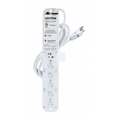 LEVITON Outlet Strip: 6 Outlets, 7 ft Cord Lg, 644 J Rated Energy, 20 A Current, White, 5-20P, 5-20R (MPN 53C6M-2N7). Key specifications — Brand: LEVITON; Mounting Style: Screw.