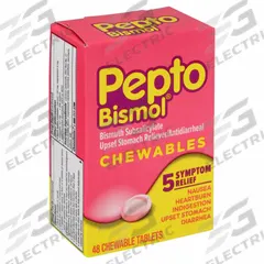PEPTO-BISMOL Pepto-Bismol Antacids and Indigestion: Unflavored, 48 Individual Doses (MPN 47367). Key specifications — Purpose: Indigestion; Manufacturer Part Number: 47367; Brand: PEPTO-BISMOL; Format: Chewable Tablet; Unit Dose: 262 mg; Displayed Brand: PEPTO-BISMOL; Active Ingredient: Bismuth Subsalicylate; Flavor: Unflavored.
