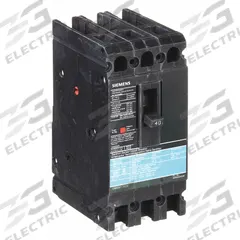 SIEMENS Molded Case Circuit Breaker: 40 A Amps, 18kA at 480V AC, Fixed, Load Side Lug, ABC, ED4 (MPN ED43B040). Key specifications — Phase Connection: ABC; Instantaneous Trip: Fixed; Terminal Connection: Load Side Lug; Series: ED4; Max. AIR Rating: 18kA at 480V AC.