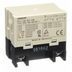 OMRON Enclosed Power Relay: Bracket Mounted, 30 A Current Rating, 100/120V AC, DPST-NO (MPN G7L-2A-BJ-CB-AC100/120). Key specifications — Brand: OMRON; Base Type: Square; Mounting Style: E-Bracket; Electrical Connection: Screw Terminal; Manufacturer Part Number: G7L-2A-BJ-CB-AC100/120; Operating Current: 25 A; Series: G7L Series; Relay Bracket Type: E-Bracket (Sold Separately).