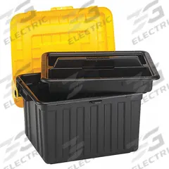 DURABILT Attached Lid Tote: 32.2 gal, 23 5/8 in x 19 in x 14 5/8 in, Black Body, Yellow Lid, Plastic (MPN 0441GRBKYL.02). Key specifications — Material: Plastic; Brand: DURABILT.