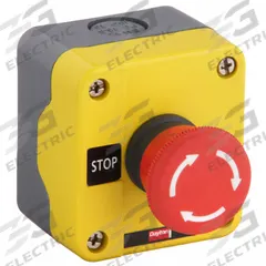 DAYTON Control Station: Mushroom Head Push Button, 0 Pilot Lights, 1NC, Twist to Release Arrows (MPN 32W275). Key specifications — Brand: DAYTON; Operator Legend: Twist to Release Arrows; Operator Color: Red; Operator Configuration: Mushroom Head Push Button; Operator Configuration Type: (1) Mushroom Push Button.