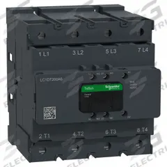 SCHNEIDER ELECTRIC IEC Contactor: Non-Reversing, 4 Poles, 4NO Contacts, 200 A, 24V AC/48V AC Coil (MPN LC1DT200A6BNE). Key specifications — Brand: SCHNEIDER; Integrated Surge Suppression: Yes; Nominal Coil Voltage @ 60Hz: 48V AC.