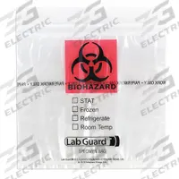Specimen Transfer Bag: LDPE, Biohazard, 1.75 mil Thick, Clear, 6 in Overall Ht, 49-91, 1,000 PK. Key specifications — Brand: MEDEGEN MEDICAL PRODUCTS; Closure Type: Zipper; Product Type: Dual Pouch Specimen Bag; Manufacturer Part Number: 49-91; Color: Clear; Display Sell UOM: PK; Legend: Biohazard.