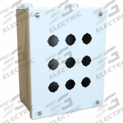 HAMMOND Push Button Enclosure: 22mm, 9 Holes, Carbon Steel, NEMA 12/13 (MPN MPB9LG). Key specifications — Brand: HAMMOND; Environments & Applications: Oil-Tight and Dust-Tight.