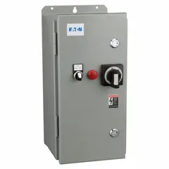 Combination Motor Starter: 3 Poles, Circuit Breaker, 32 A, 480V AC Coil, Thermal Protection, 480V AC (MPN ECX77H2CJD-Q). Key specifications — Brand: EATON; Auxiliary Contact Form: 1NO; Coil Voltage: 480V AC; Control Transformer: Yes; Wire Termination Type: Screws; Poles/Phase: 3 Pole / Three Phase; Operator Type: Hand/Off/Auto (Selector Switch); Thermal Unit Type: Adjustable Thermal Units (Included).