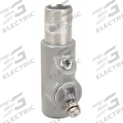 Sealing Fitting - Vertical: Aluminum, 2 in Trade Size, Male to Female, 6 1/8 in Overall Lg (MPN EYDM-200AL). Key specifications — Brand: APPLETON ELECTRIC; Finish: Powder Coated; Connection Type: Threaded; Thread Gender: Male to Female; Ends - Hazardous Fittings: 2 in FNPT x 2 in MNPT; Material: Aluminum; Hazardous Location Rating: Class III; Thread Type: NPT.