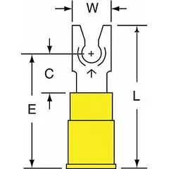 3M Fork Terminals: Yellow, Vinyl, #6 Stud Size, 12 AWG – 10 AWG Wire Range, Locking Fork, 1,000 V (MPN MVU10-6FLK). Key specifications — Barrel Style: Funnel; Manufacturer Part Number: MVU10-6FLK; Brand: 3M; Series: TH.