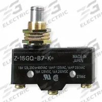 OMRON Snap Action Switch: Plunger Actuator, 1NO/1NC, Screw (MPN Z-15GQ-B7-K). Key specifications — AC Contact Rating: 15 A @ 250 V; Electrical Connection: Screw; Series: Z; Brand: OMRON.