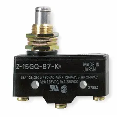 OMRON Snap Action Switch: Plunger Actuator, 1NO/1NC, Screw (MPN Z-15GQ-B7-K). Key specifications — AC Contact Rating: 15 A @ 250 V; Electrical Connection: Screw; Series: Z; Brand: OMRON.