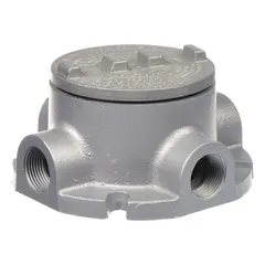 Conduit Outlet Body: Aluminum, GRF, 1 in Trade Size, X Body, 18 cu in Body Capacity (MPN GRFX100-A). Key specifications — Series: For Standard Body; Compatible Conduit Trade Size: 1 in; Thread Gender: Female; Hub Style: Threaded; Cover Included: Yes; Body Style: X; Connection Type: Threaded; Back Type: Flat.