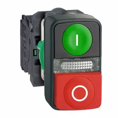 SCHNEIDER ELECTRIC Illuminated Push Button: 2 Buttons, 22 mm, 1NO/1NC, Non-Metallic, Full Volt, LED (MPN XB5AW73731M5). Key specifications — AC Contact Rating: 3 A @ 240 V; Action: Momentary/Momentary; DC Contact Rating: 0.27 A @ 250 V; Legend: I/O; Operator Illumination: Illuminated; Product Type: Push Button Operators; Series: XB5; Manufacturer Part Number: XB5AW73731M5.