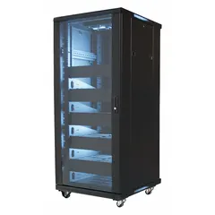 VIDEO MOUNT PRODUCTS Equipment Rack Enclosure: 27 Rack Units, 54 3/4 in x 23 5/8 in x 23 5/8 in (MPN EREN-27). Key specifications — Brand: VIDEO MOUNT PRODUCTS; Includes: Casters; Material: Steel; Features_Broad: Tempered Glass Door; (2) Cooling Fans; Shelves & Blanks.