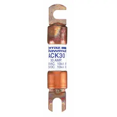 MERSEN Forklift Limiter Fuse: ACK Series, Bolt-On, Gen Purpose, 30 A, 125 V DC, Non-Indicating (MPN ACK30). Key specifications — Brand: MERSEN; Series: ACK.