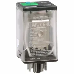 SCHNEIDER General Purpose Relay: Socket Mounted, 10 A Current Rating, 12V DC, DPDT, 8 Pins/Terminals (MPN 750XBXRM4L-12D). Key specifications — Brand: SCHNEIDER; Base Type: Octal; Mounting Style: Plug-In; Pin Shape: Round; Electrical Connection: 8-Pin Terminal; Manufacturer Part Number: 750XBXRM4L-12D; Operating Current: 5 A at 28V DC-1 (1 NC Resistive Load Conforming to IEC); Series: 750R Series.