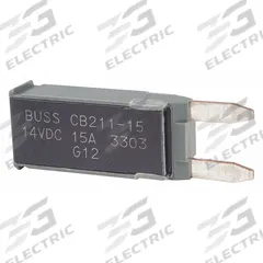 Automotive Circuit Breaker: CB211, 14V DC, 225 A at 14V DC, Blade (MPN CB211-15). Key specifications — Series: CB211; Voltage: 14V DC; Interrupt Rating: 225 A at 14V DC; Terminal Connection: Blade; Circuit Breaker Type: Type I Footprint Circuit Breaker; Brand: BUSSMANN.