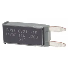 Automotive Circuit Breaker: CB211, 14V DC, 225 A at 14V DC, Blade (MPN CB211-15). Key specifications — Series: CB211; Voltage: 14V DC; Interrupt Rating: 225 A at 14V DC; Terminal Connection: Blade; Circuit Breaker Type: Type I Footprint Circuit Breaker; Brand: BUSSMANN.