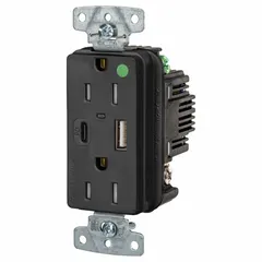 USB Receptacle: Duplex, 5-15R, 2 USB Ports, USB Type A/C, Black, 125V AC, 15 A (MPN USB8200ACPDBK). Key specifications — Brand: HUBBELL.