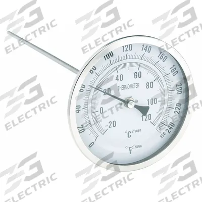 APPROVED VENDOR Dial Thermometer: 0°F to 250°F /-20°C to 120°C, 12 in Stem Lg - Back-Mount Fixed-Angle Thread-Mount Dial Thermometers