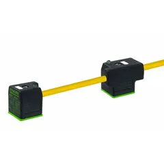 MURRELEKTRONIK Cordset: (2) DIN Form A Female Right Angle x Bare Wire, 10 m Cable Lg, PUR, Yellow (MPN 7000-58041-0371000). Key specifications — Wire Size: 18 AWG; Brand: MURRELEKTRONIK; Cable Jacket Color: Yellow; IP Rating: IP67; DIN Connector Spacing: 200 mm.