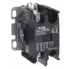EATON Definite Purpose Magnetic Contactor: 1 Poles, 120V AC, 30 A, Non-Reversing (MPN C25ANB130A). Key specifications — Brand: EATON; Coil Voltage: 110-120V AC; Contactor Style: HVACR Definite Purpose Contactor; Frame Size: A; Terminal Connection Type: Quick-Disconnect Terminals; Maximum Voltage Rating: 690V AC; Series: C25 Series; Phase: Single.