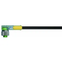 Cordset: M12 Female Right Angle X Bare Wire, 4 Pins, Black, PUR, 0.6 m Cable Lg, 4 A Max Current (A) (MPN 7000-12421-6340060). Key specifications — Cable Jacket Color: Black; End 1 Gender: Female; End 1 Mounting Orientation: Right Angle; End 2 Connection Type: Bare Wire; IP Rating: IP66K; Brand: MURRELEKTRONIK; Wire Size: 22 AWG; Cable Jacket Material: PUR.
