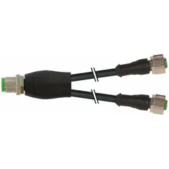 Cordset: M12 Male Straight X (2) M12 Female Straight, 4 Pins, Black, PUR, 10 m Cable Lg (MPN 7000-40701-6331000). Key specifications — Cable Jacket Color: Black; End 1 Gender: Male; End 1 Mounting Orientation: Straight; End 2 Gender: Female; End 2 Mounting Orientation: Straight; End 2 Connection Type: (2) M12; IP Rating: IP66K; Brand: MURRELEKTRONIK.