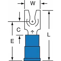 3M Fork Terminals: Blue, Vinyl, #14 Stud Size, 16 AWG – 14 AWG Wire Range, Locking Fork, 600 V (MPN MVU14-4FLK). Key specifications — Barrel Style: Butted; Manufacturer Part Number: MVU14-4FLK; Brand: 3M; Series: MVU14.