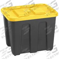 DURABILT Storage Tote: 18 gal, 22 1/2 in x 17 1/2 in x 16 1/2 in, Black Body, Yellow Lid, Yellow (MPN 6921GRBKYL.08). Key specifications — Material: Plastic; Edge/Corner Design: Rounded; Body Color: Black; Lid Color: Yellow; Brand: DURABILT; NSF Certified: Not NSF Certified; Nestable: Nesting Capable.