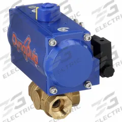 DYNAQUIP CONTROLS Pneumatically Actuated Three-Way Ball Valve: 1 in, Brass, FNPT x FNPT x FNPT (MPN PYHG5AUSR07510A). Key specifications — Brand: DYNAQUIP CONTROLS; Pilot Solenoid Voltage: 115V AC.