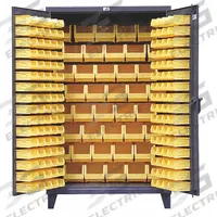 STRONG HOLD Bin Cabinet: 48 in x 24 in 78 in, 0 Shelves, 184 Bins, Yellow, Flush, 12 ga Panel, Gray (MPN 46-BB-240). Key specifications — Bin Color: Yellow; Bin HxWxD: (144) 3 in x 4-1/8 in x 7-3/8 in; Assembled: Assembled; Cabinet Style: Shelf and Bin; Brand: STRONG HOLD; Cabinet Color: Gray; Cabinet Finish: Baked Enamel; Cabinet Material: Steel.