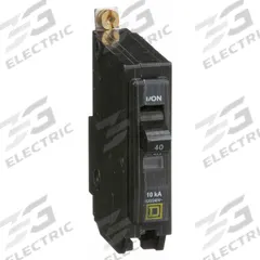 SQUARE D Miniature Circuit Breaker: 40 A, 120/240V AC, Single Phase, 10kA at 120/240V AC, 1 Poles (MPN QOB140). Key specifications — Phase: Single; Amps: 40 A; AC Voltage Rating: 120/240V AC; Max. AIR Rating: 10kA at 120/240V AC; For Use With: Square D NQOD Panelboards; Brand: SQUARE D.