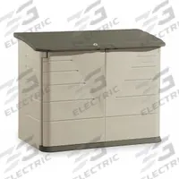 Outdoor Storage Shed: 32 cu ft, Green/Tan, 47 in L x 24 in D x 42 in H, Horizontal (MPN FG374701OLVSS). Key specifications — Brand: RUBBERMAID COMMERCIAL PRODUCTS; Product Type: Outdoor Storage Shed; Orientation: Horizontal; Material: Polypropylene; Resistance Properties: Impact Resistant; Lockable: Yes; Pattern: None; Color: Green/Tan.
