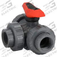 GF PIPING SYSTEMS Manual Three-Way Ball Valve: 1 1/2 in, PVC, L Flow, FNPT x FNPT x FNPT, Two-Piece (MPN 161543106). Key specifications — Brand: GF PIPING SYSTEMS; Handle: Locking Lever.