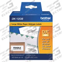BROTHER Printer Label: 3 1/2 in Label Wd, 1 7/16 in Label Ht, White, 1 in Core Dia. (MPN DK1208). Key specifications — Brand: BROTHER; Label Color: White.